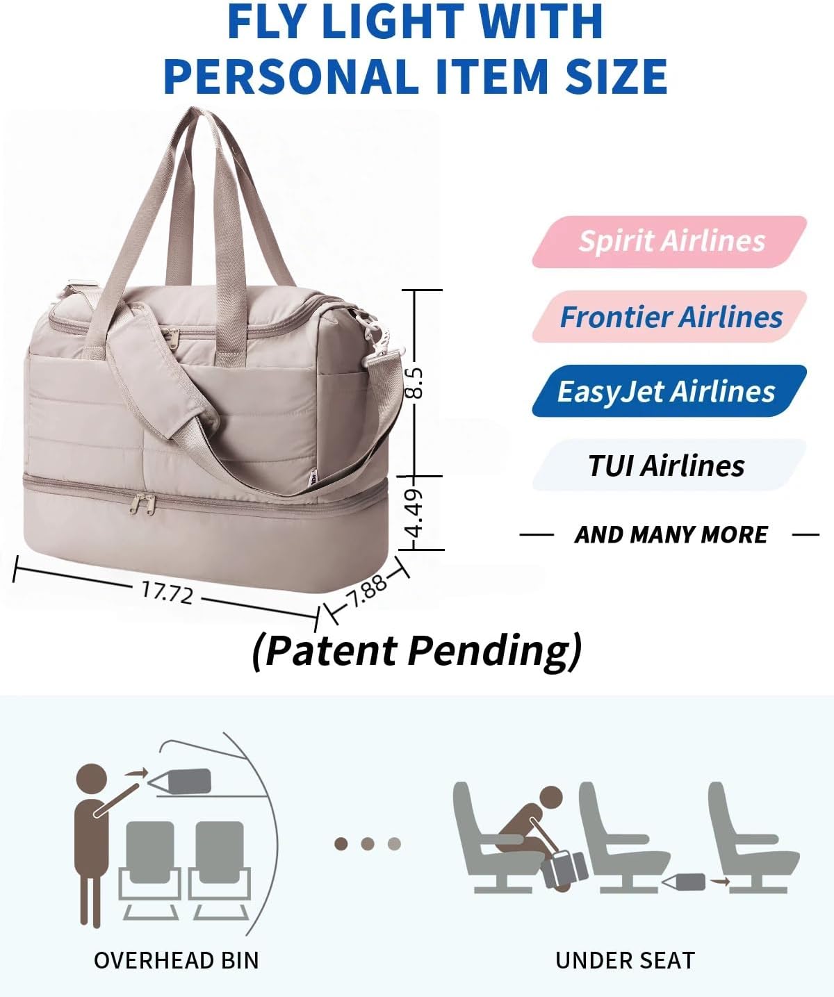 Personal Item Bag for Spirit Airlines,18x14x8 Inch Lightweight Puffer Weekender Duffle Bag for Women, with Shoe Compartment and TSA-Approved Toiletry Bag, Carry-On Travel